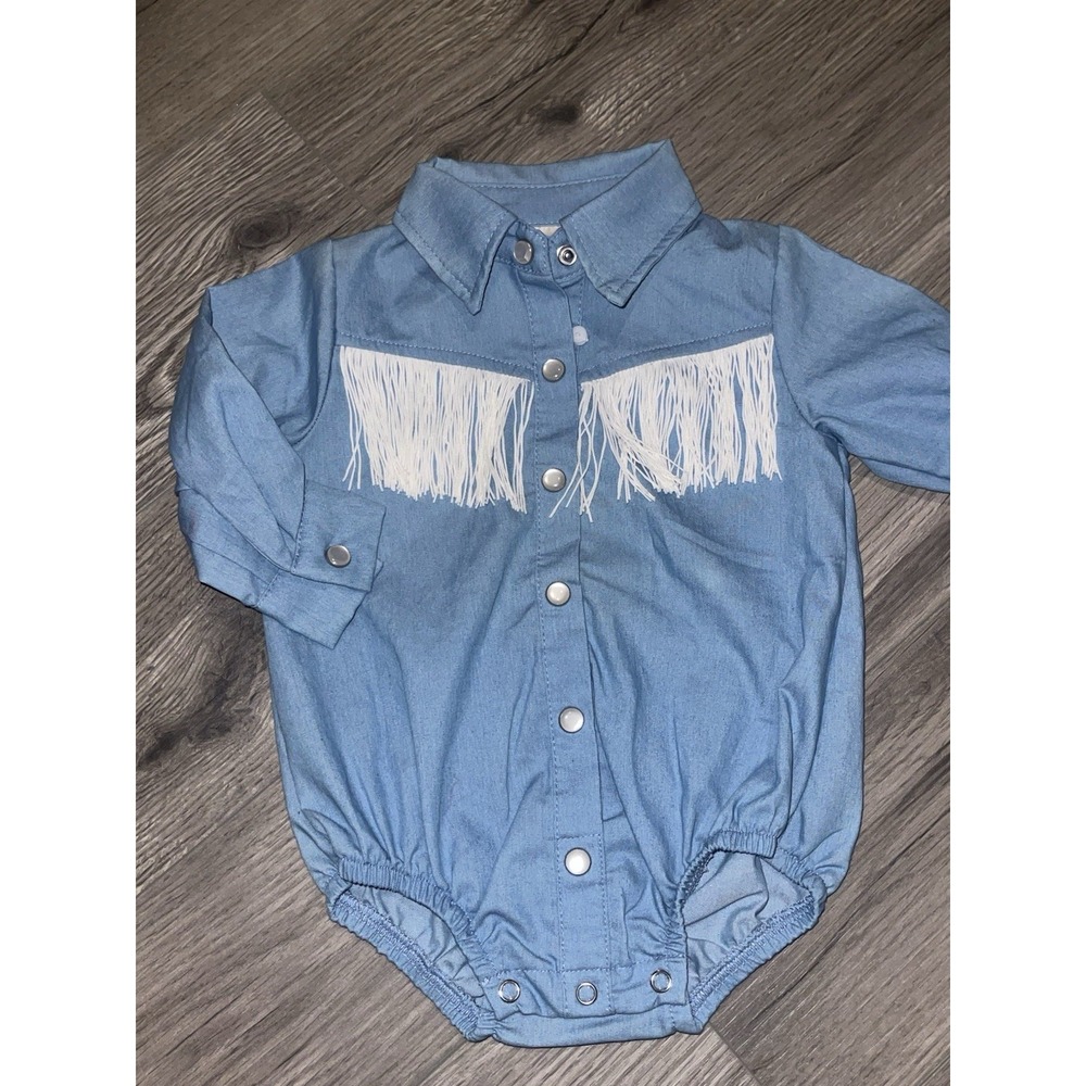 SHEA BABY DENIM FRINGE PEARL SNAP ONE PIECE Size 3-6 Months Cowgirl Western